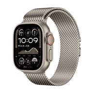Bracelet maille milanaise en acier inoxydable gris titane avec fermoir tactique pour Apple Watch.