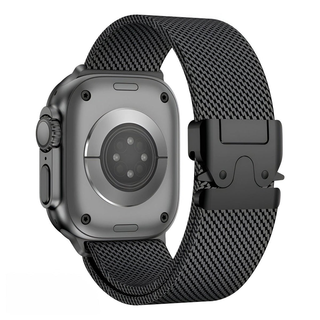 Bracelet maille milanaise noir en acier inoxydable avec fermoir tactique pour Apple Watch.