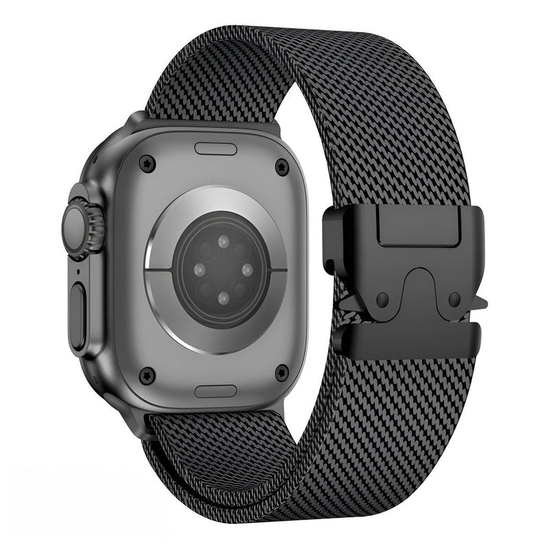 Bracelet maille milanaise noir en acier inoxydable avec fermoir tactique pour Apple Watch.