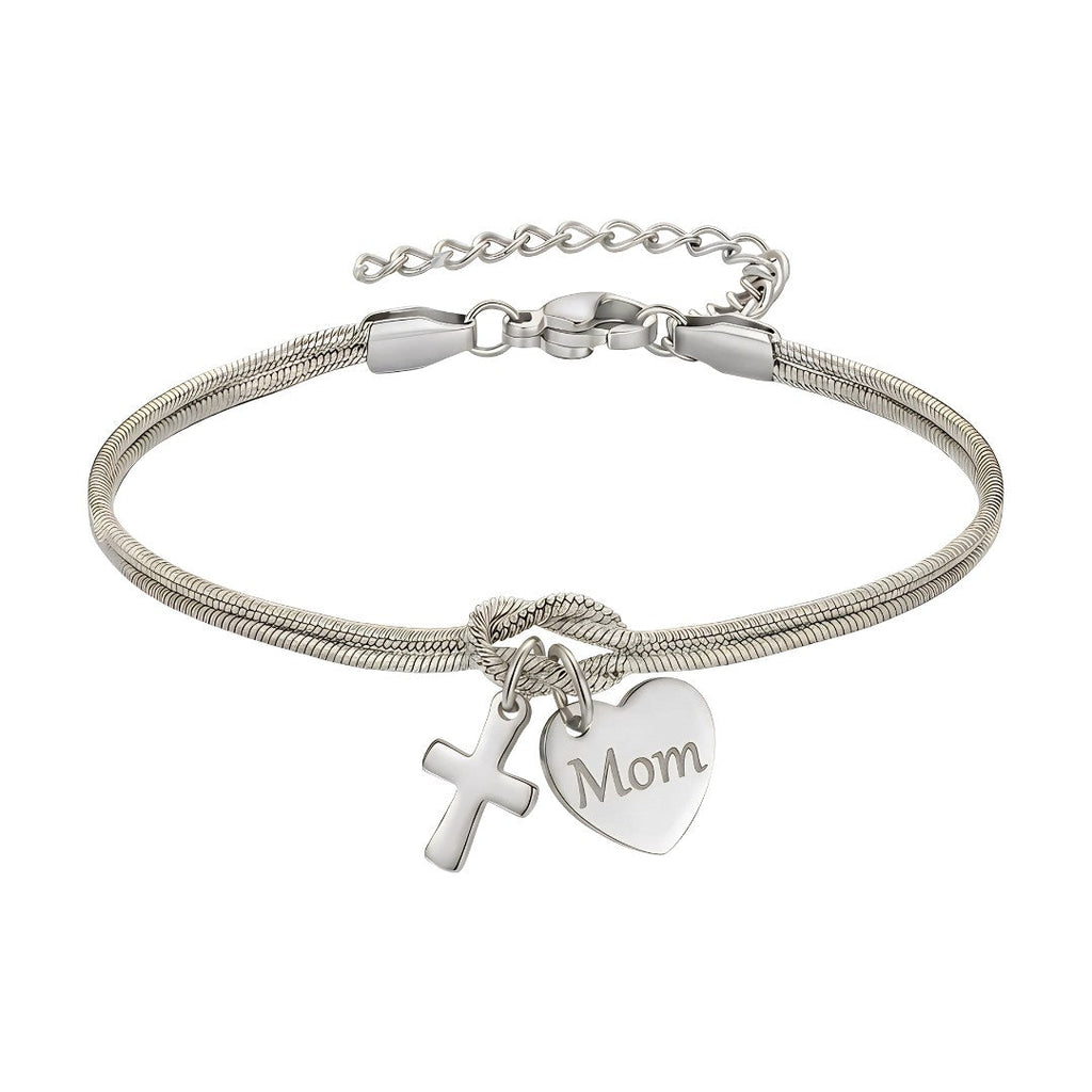 Bracciale a maglia serpente in acciaio inossidabile dorato, nodo centrale simbolico, ciondolo a forma di cuore personalizzabile con incisione e croce delicata, modello Kidé