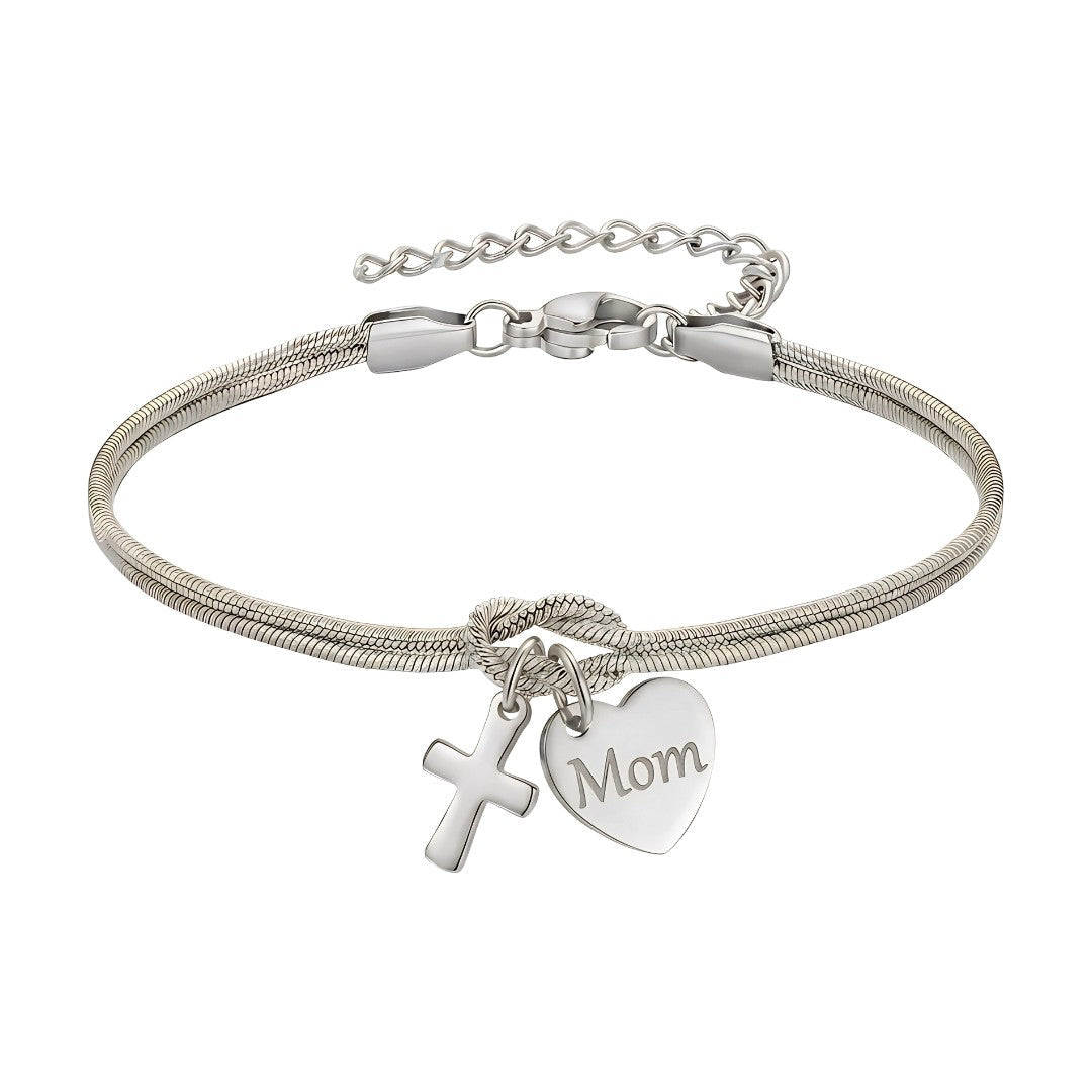 Bracciale a maglia serpente in acciaio inossidabile dorato, nodo centrale simbolico, ciondolo a forma di cuore personalizzabile con incisione e croce delicata, modello Kidé