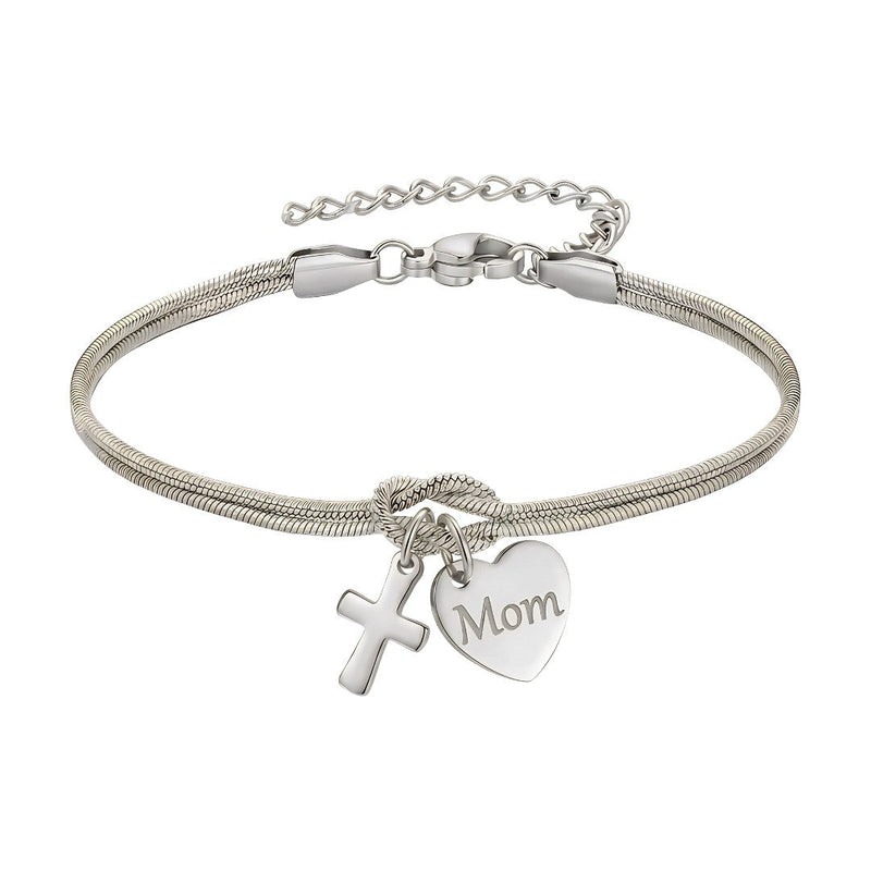 Bracciale a maglia serpente in acciaio inossidabile dorato, nodo centrale simbolico, ciondolo a forma di cuore personalizzabile con incisione e croce delicata, modello Kidé