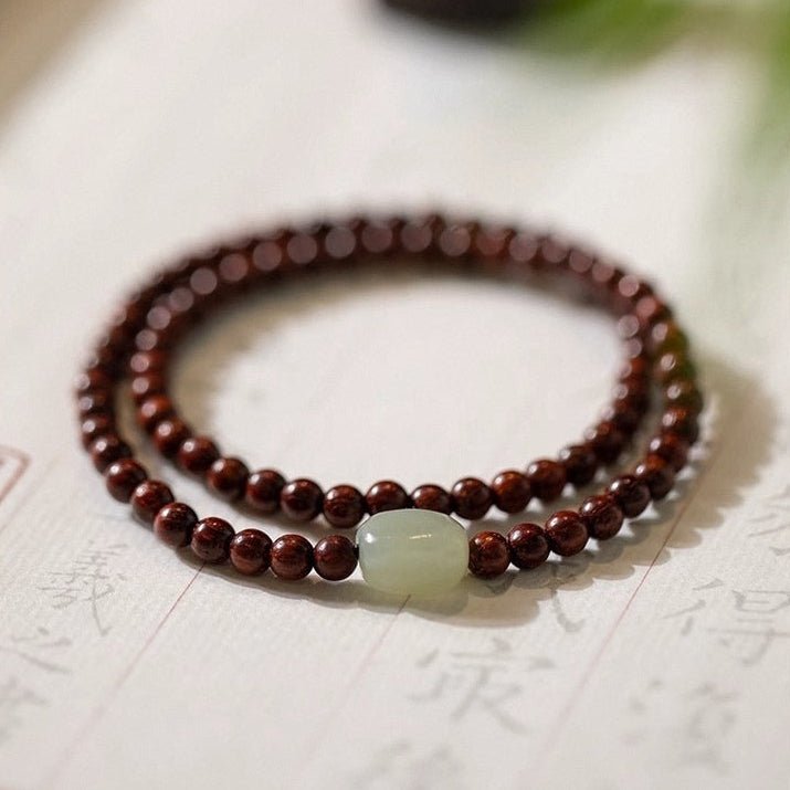 Double-wrap mala bracelet in rosewood, natural Hetian jade bead, Nawang model