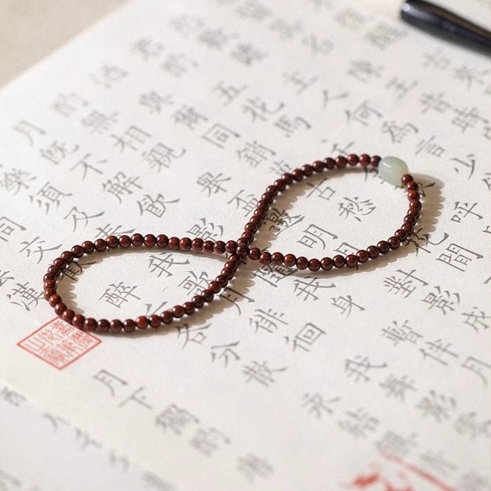 Double-wrap mala bracelet in rosewood, natural Hetian jade bead, Nawang model