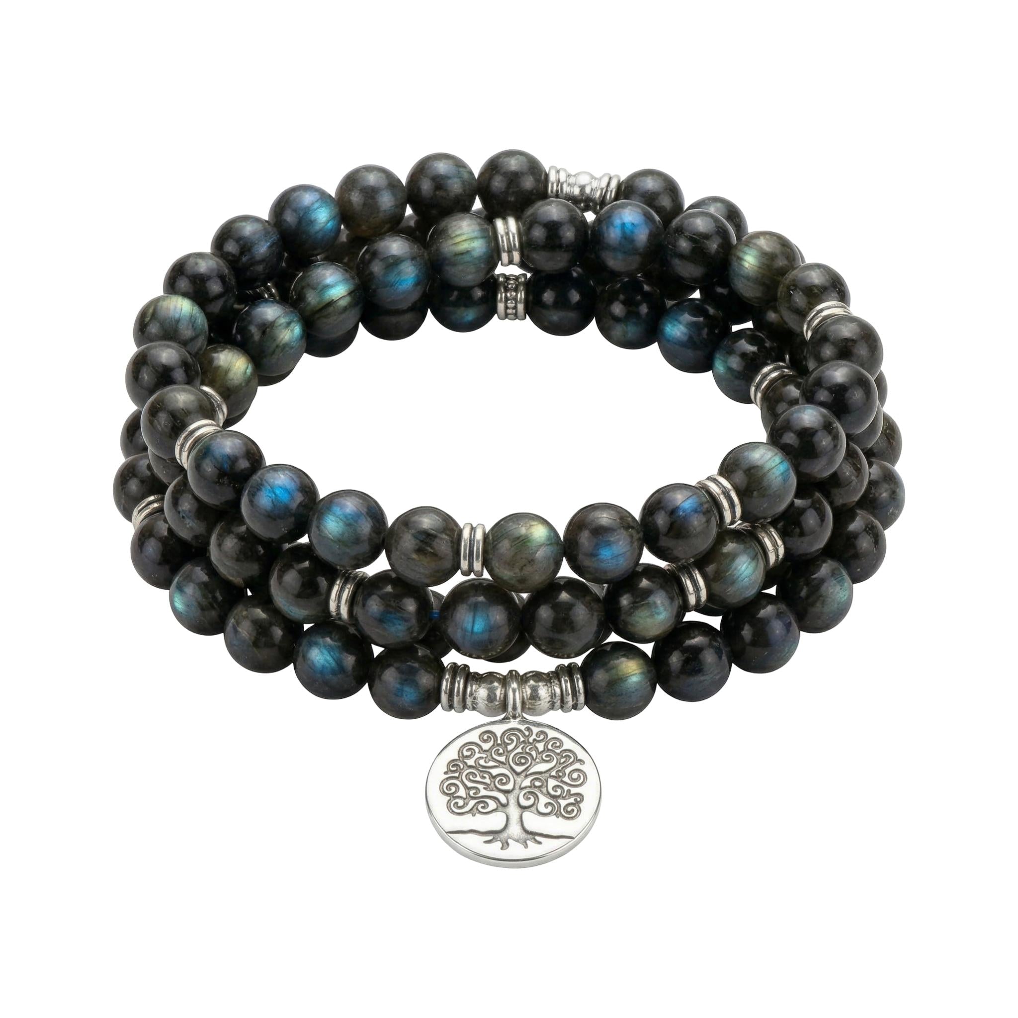 Bracelet mala tibétain en labradorite véritable, perles naturelles de méditation, bijou spirituel pour l'équilibre, talisman protecteur aux reflets bleutés, modèle Dawa