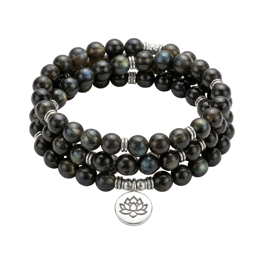 Bracelet mala tibétain en labradorite véritable, perles naturelles de méditation, bijou spirituel pour l'équilibre, talisman protecteur aux reflets bleutés, modèle Dawa