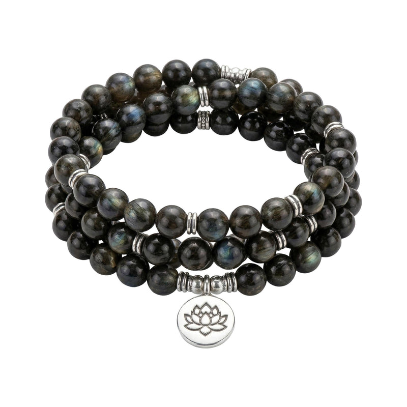 Bracelet mala tibétain en labradorite véritable, perles naturelles de méditation, bijou spirituel pour l'équilibre, talisman protecteur aux reflets bleutés, modèle Dawa