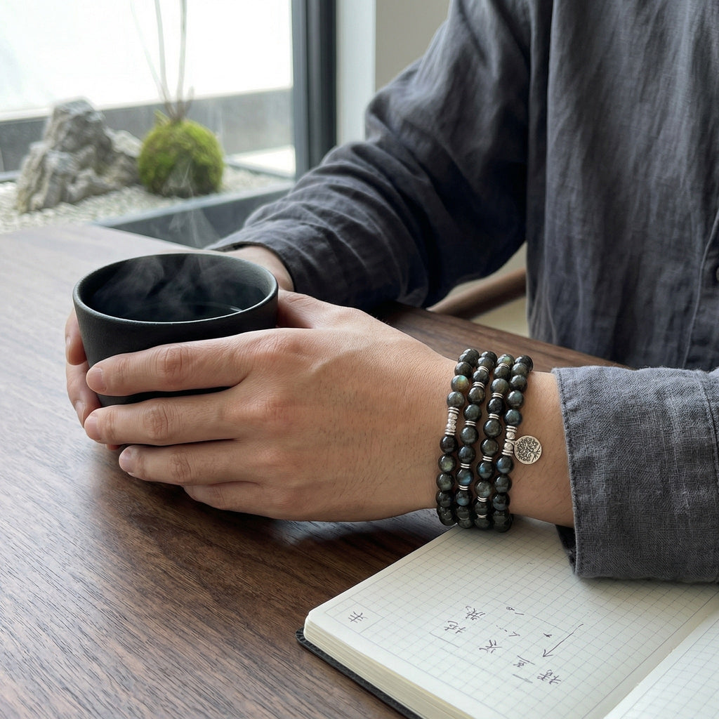 Bracelet mala tibétain en labradorite véritable, perles naturelles de méditation, bijou spirituel pour l'équilibre, talisman protecteur aux reflets bleutés, modèle Dawa