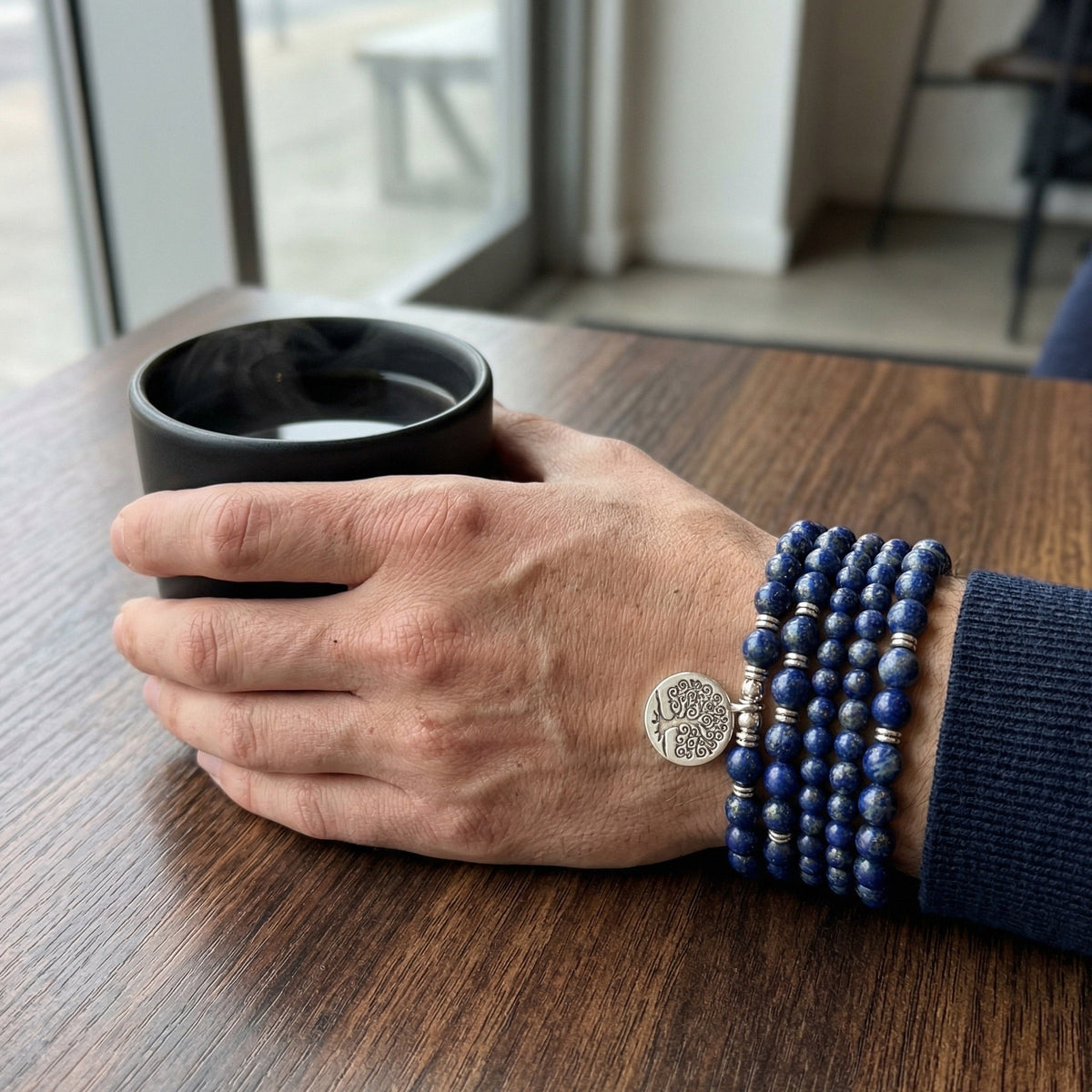Bracelet Mâla tibétain 108 perles en lapis lazuli, pendentif spirituel au choix, modèle Karma