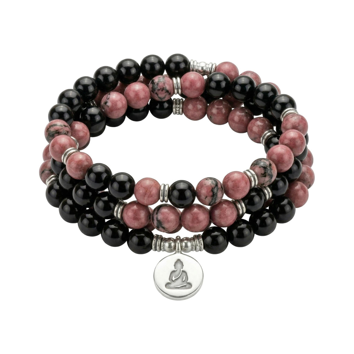 Tibetan mala bracelet in rhodonite and onyx beads, engraved pendant, Gyalsen model