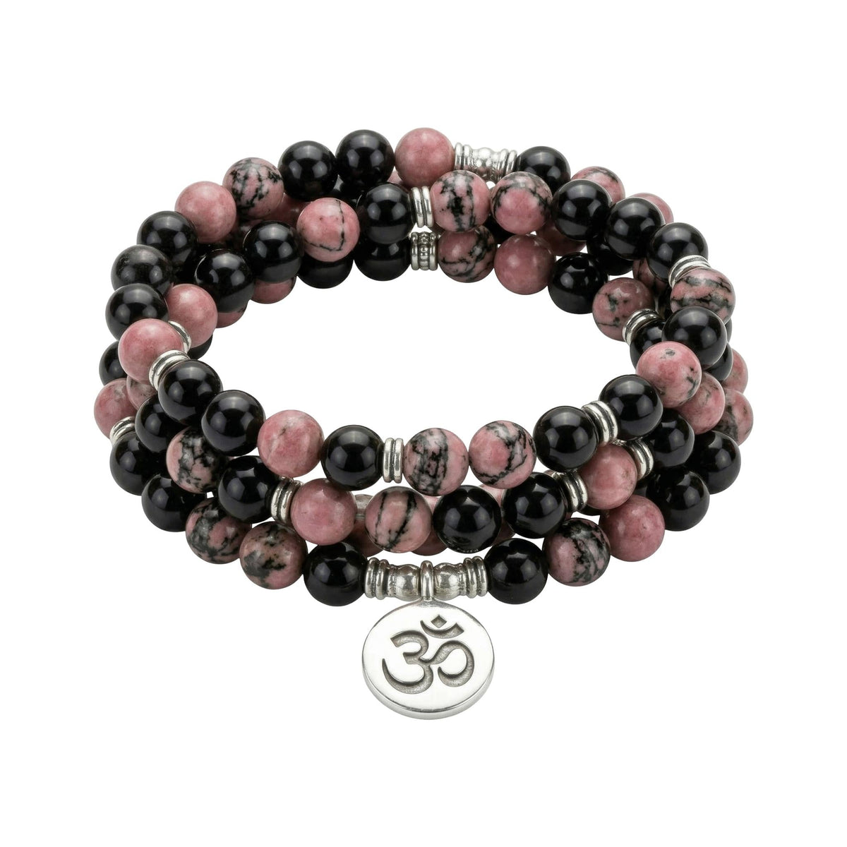 Tibetan mala bracelet in rhodonite and onyx beads, engraved pendant, Gyalsen model