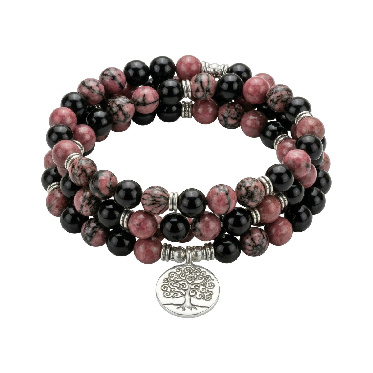 Tibetan mala bracelet in rhodonite and onyx beads, engraved pendant, Gyalsen model