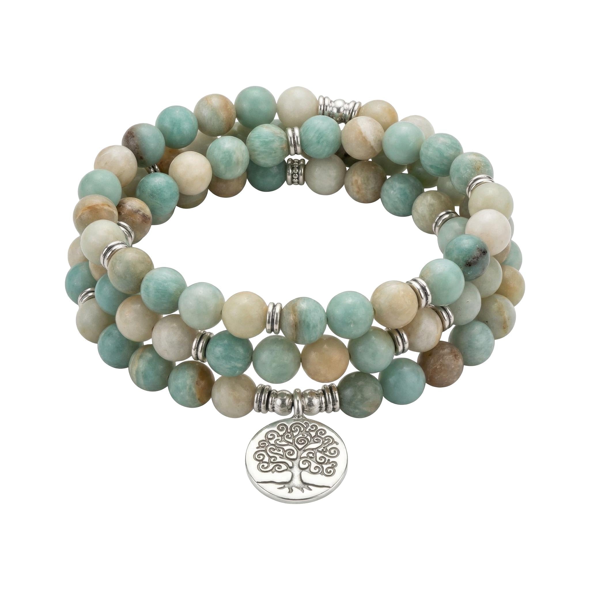 Bracelet Mâla Tibétain en Pierres Naturelles d'Amazonite, Bijou Élastique pour la Méditation, Accessoire de Poignet Apaisant, modèle Jinpa