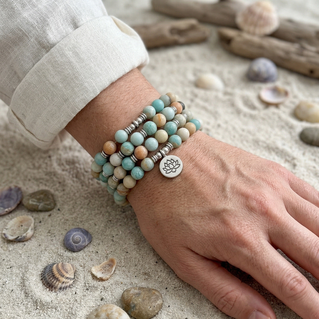 Bracelet Mâla Tibétain en Pierres Naturelles d'Amazonite, Bijou Élastique pour la Méditation, Accessoire de Poignet Apaisant, modèle Jinpa