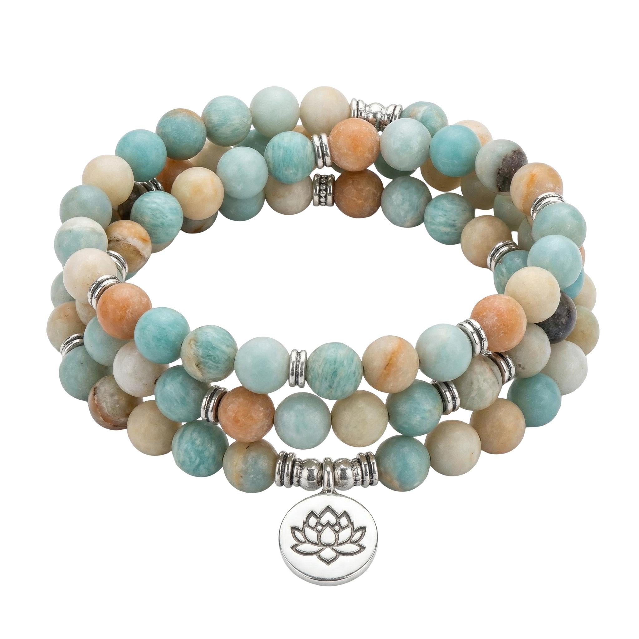 Bracelet Mâla Tibétain en Pierres Naturelles d'Amazonite, Bijou Élastique pour la Méditation, Accessoire de Poignet Apaisant, modèle Jinpa