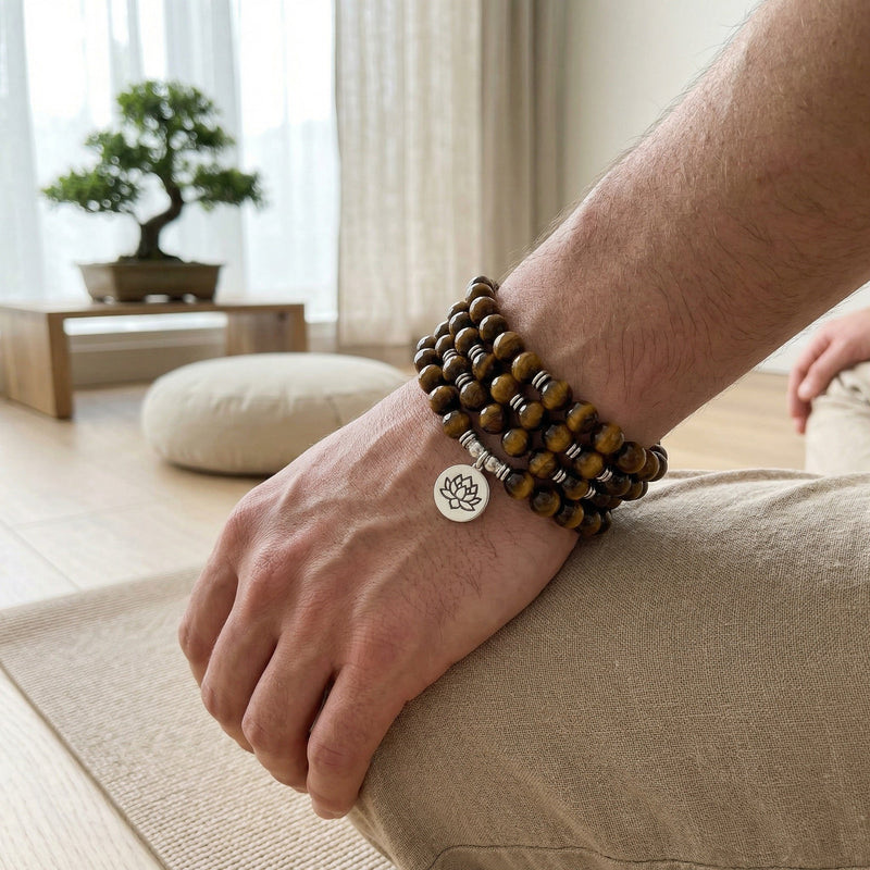 Tibetan Mala Bracelet, natural tiger’s eye beads, zen pendant, meditation jewelry, Menza model