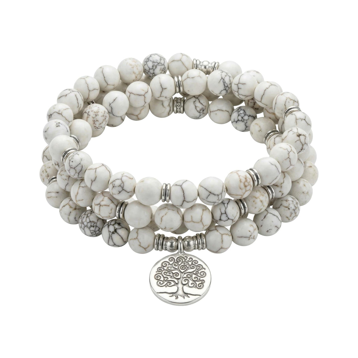 Bracelet Mala triple rang en Howlite, pendentif gravé, élastique, bijou de méditation, modèle Chewa