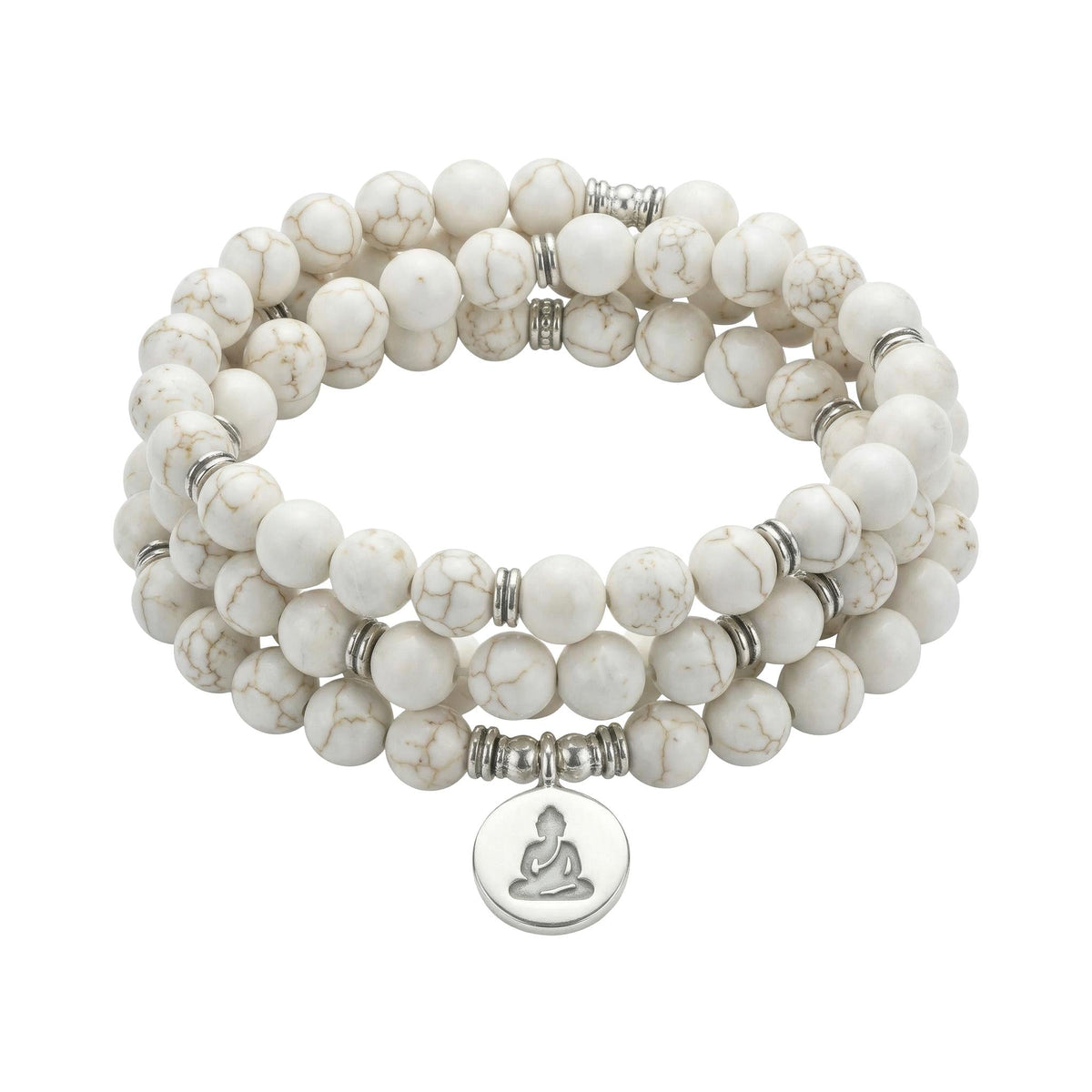 Bracelet Mala triple rang en Howlite, pendentif gravé, élastique, bijou de méditation, modèle Chewa