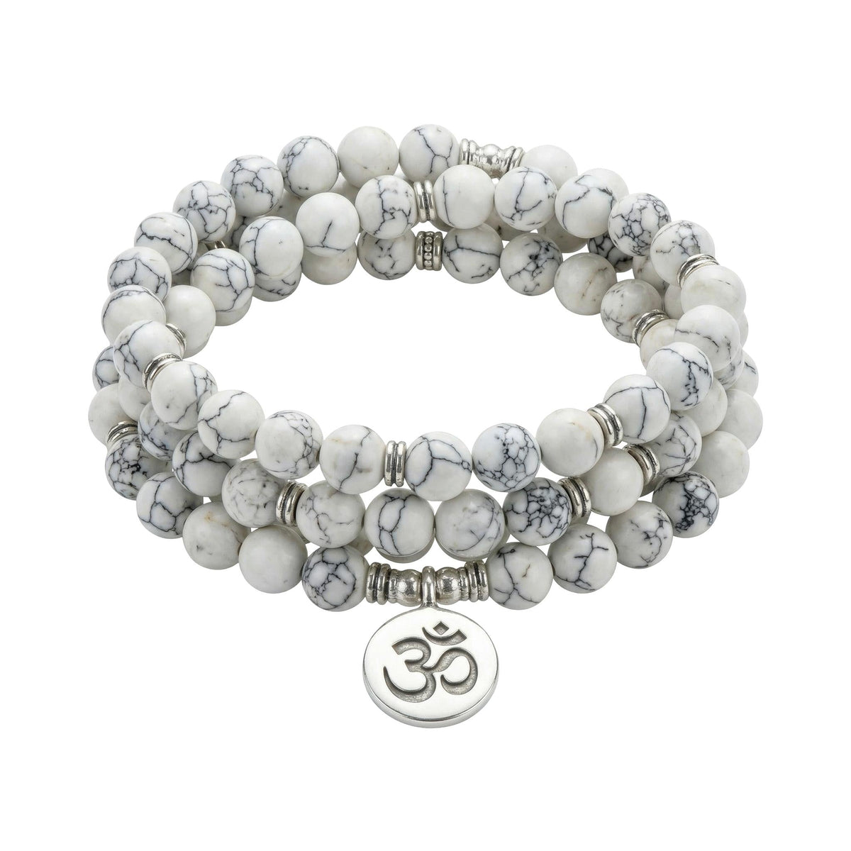 Bracelet Mala triple rang en Howlite, pendentif gravé, élastique, bijou de méditation, modèle Chewa