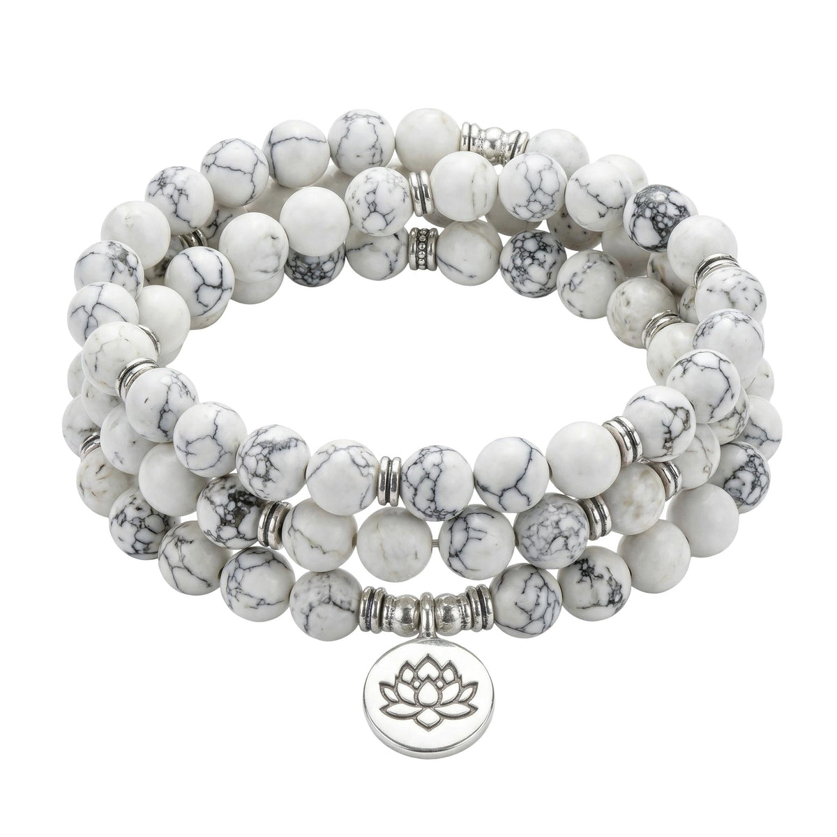 Bracelet Mala triple rang en Howlite, pendentif gravé, élastique, bijou de méditation, modèle Chewa