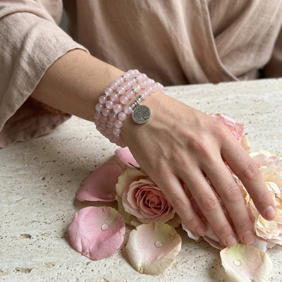 Tibetan Mala bracelet in natural Rose Quartz, symbolic pendant, Boshay model