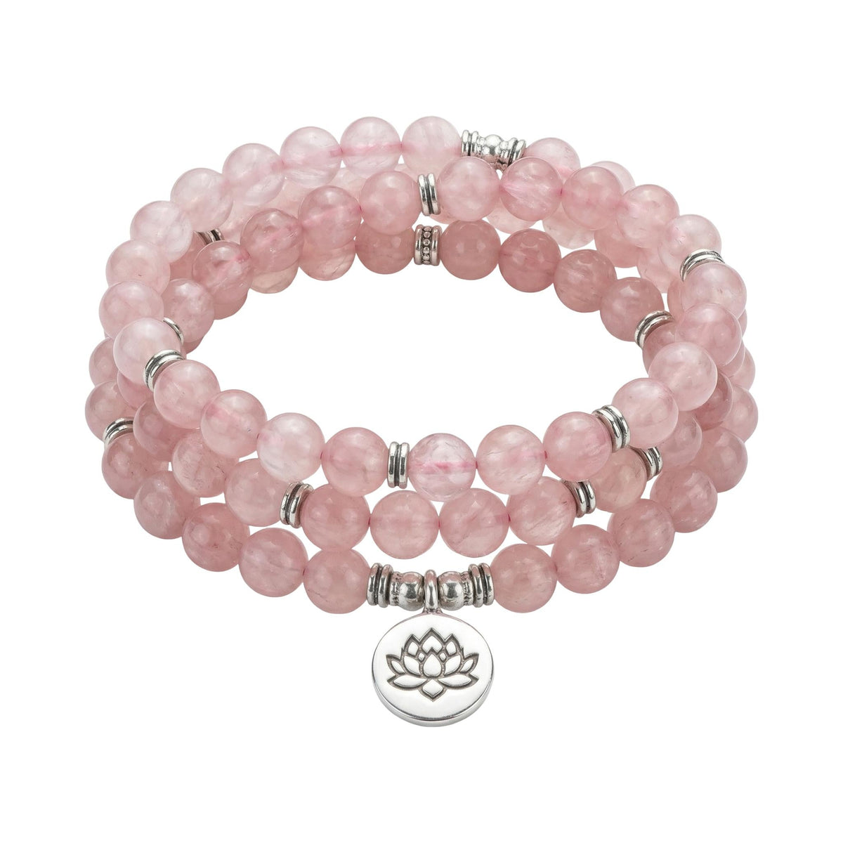 Tibetan Mala bracelet in natural Rose Quartz, symbolic pendant, Boshay model