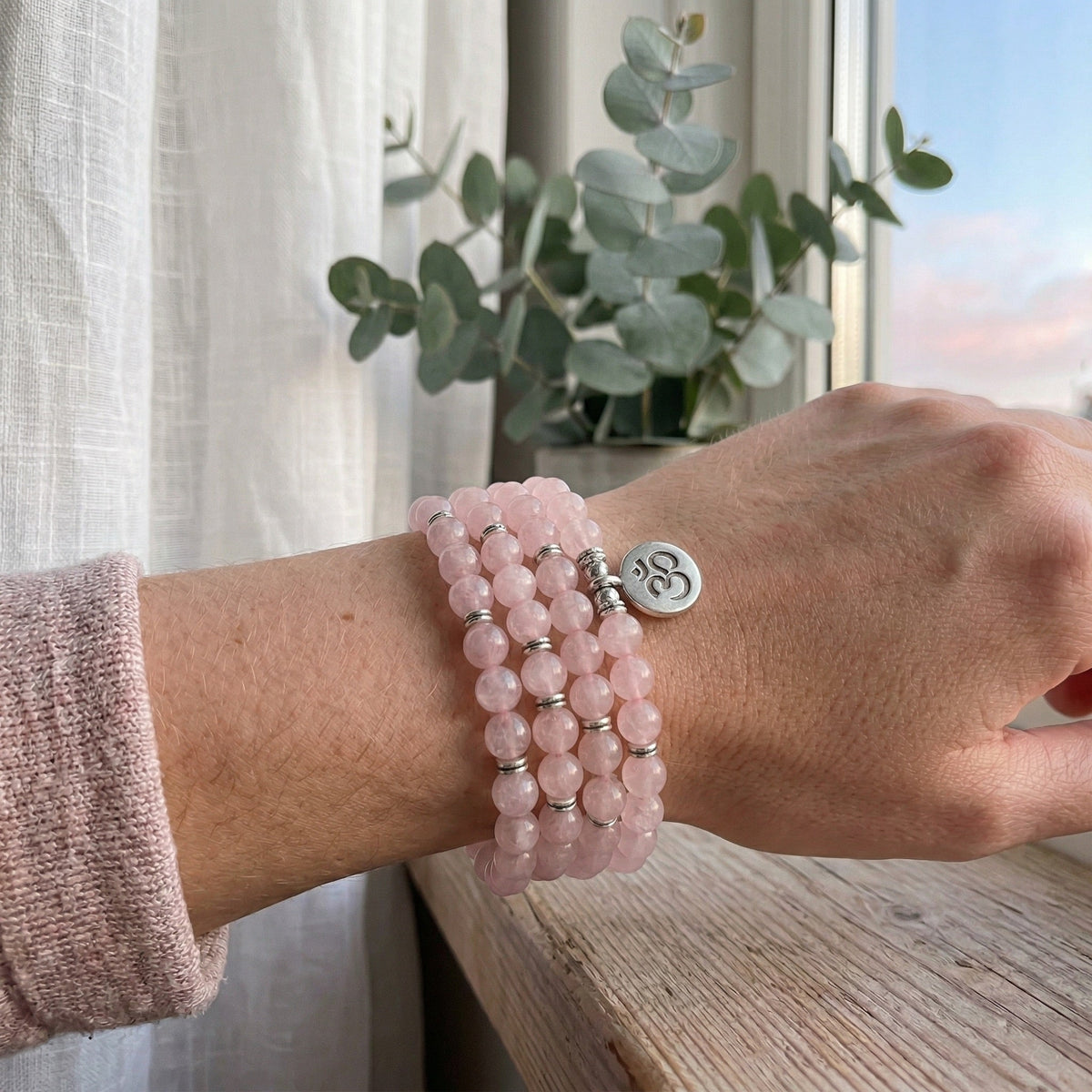 Tibetan Mala bracelet in natural Rose Quartz, symbolic pendant, Boshay model