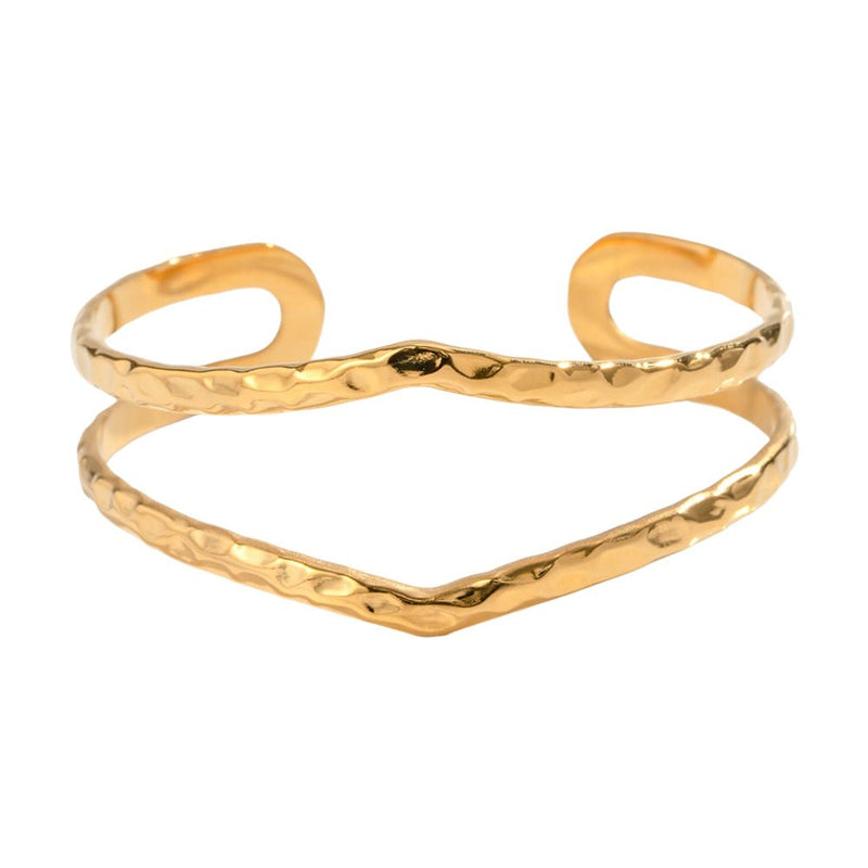 Bracelet manchette doré, double rang martelé tendance, en acier inoxydable, modèle Thalira - La Boutique du Bracelet