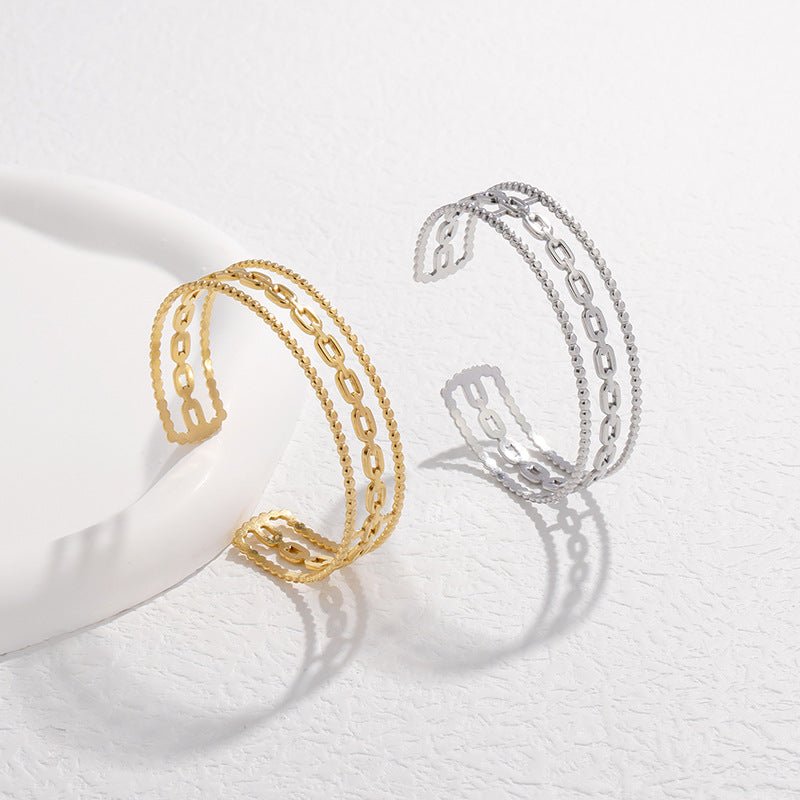 Bracelet manchette doré, maille marine, triple rang, en acier inoxydable, modèle Cynera - La Boutique du Bracelet