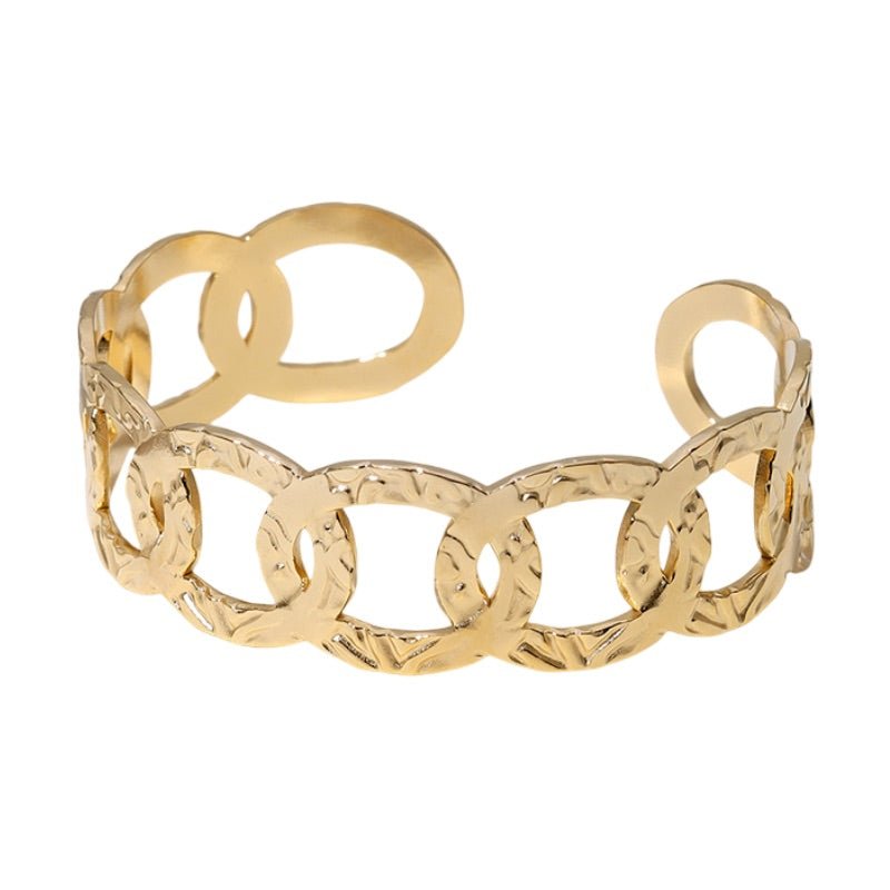 Bracelet manchette doré, ovales entrelacés, en acier inoxydable, modèle Astraïa - La Boutique du Bracelet