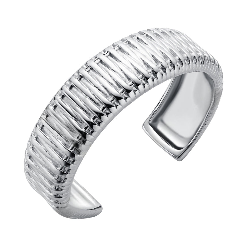 Bracelet manchette argenté en acier inoxydable avec surface en relief texturé et finition brillante, design ouvert et.