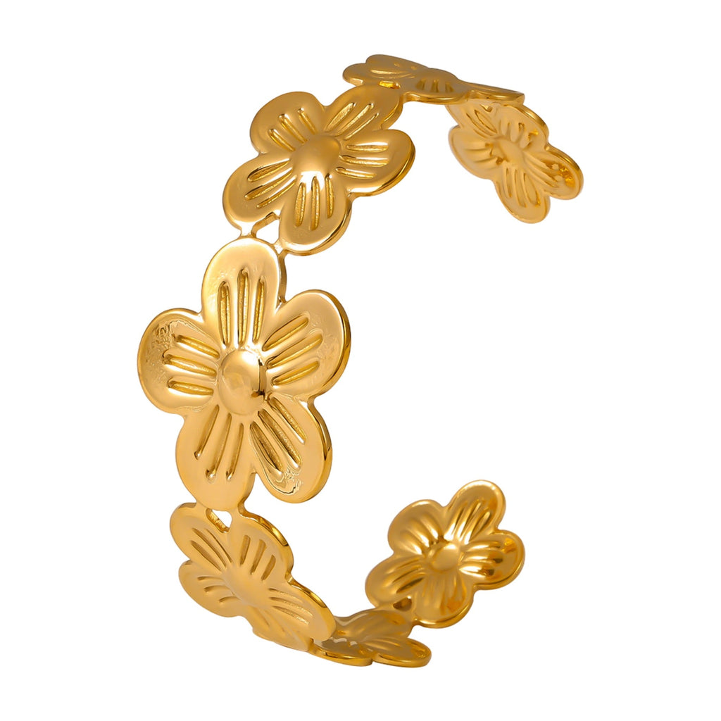 Bracelet manchette, en acier inoxydable, fleurs ciselées éclat raffiné, modèle Gentiane - La Boutique du Bracelet