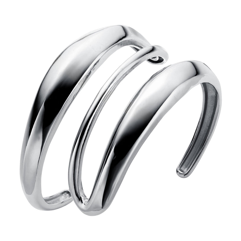 Bracelet manchette en acier inoxydable argenté à trois bandes sculptées design audacieux et épuré.