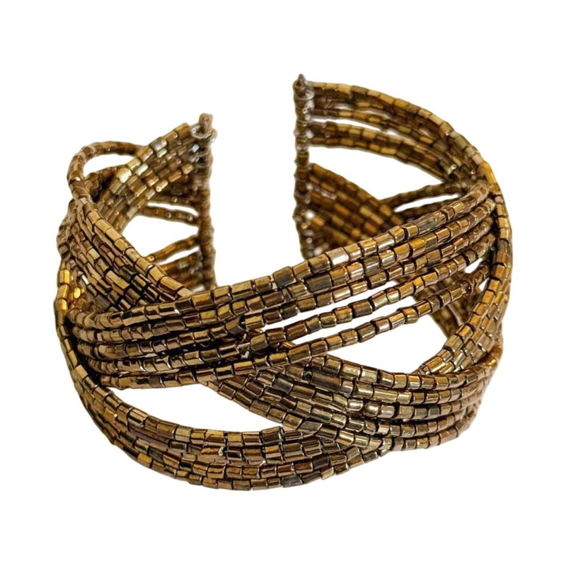 Brățară tip manșetă pentru femei cu mărgele aurii, bijuterie de încheietură ajustabilă cu mai multe rânduri, accesoriu elegant împletit pentru femei, brățară lată din aliaj metalic, podoabă originală pentru braț, pentru ocazii speciale, model Fadine