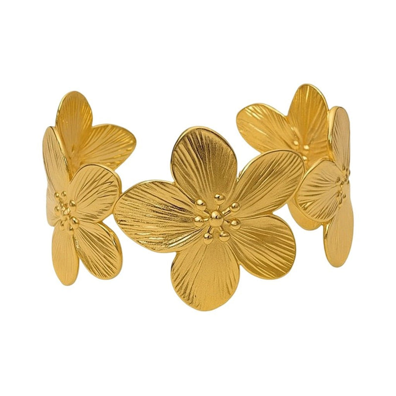 Bracelet manchette floral, fleurs sculptés larges, en acier inoxydable, modèle Vaelis - La Boutique du Bracelet