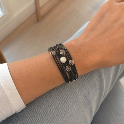 Bracelet manchette multi-rangs, cordons textures brillants, motif arbre de vie, pour femme, modele Tezie