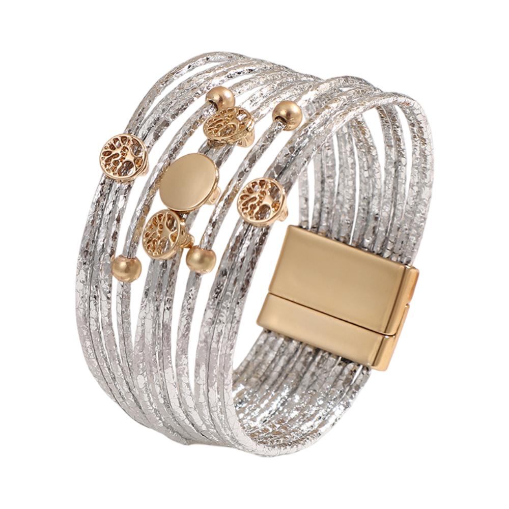 Bracelet manchette multi-rangs, cordons textures brillants, motif arbre de vie, pour femme, modele Tezie