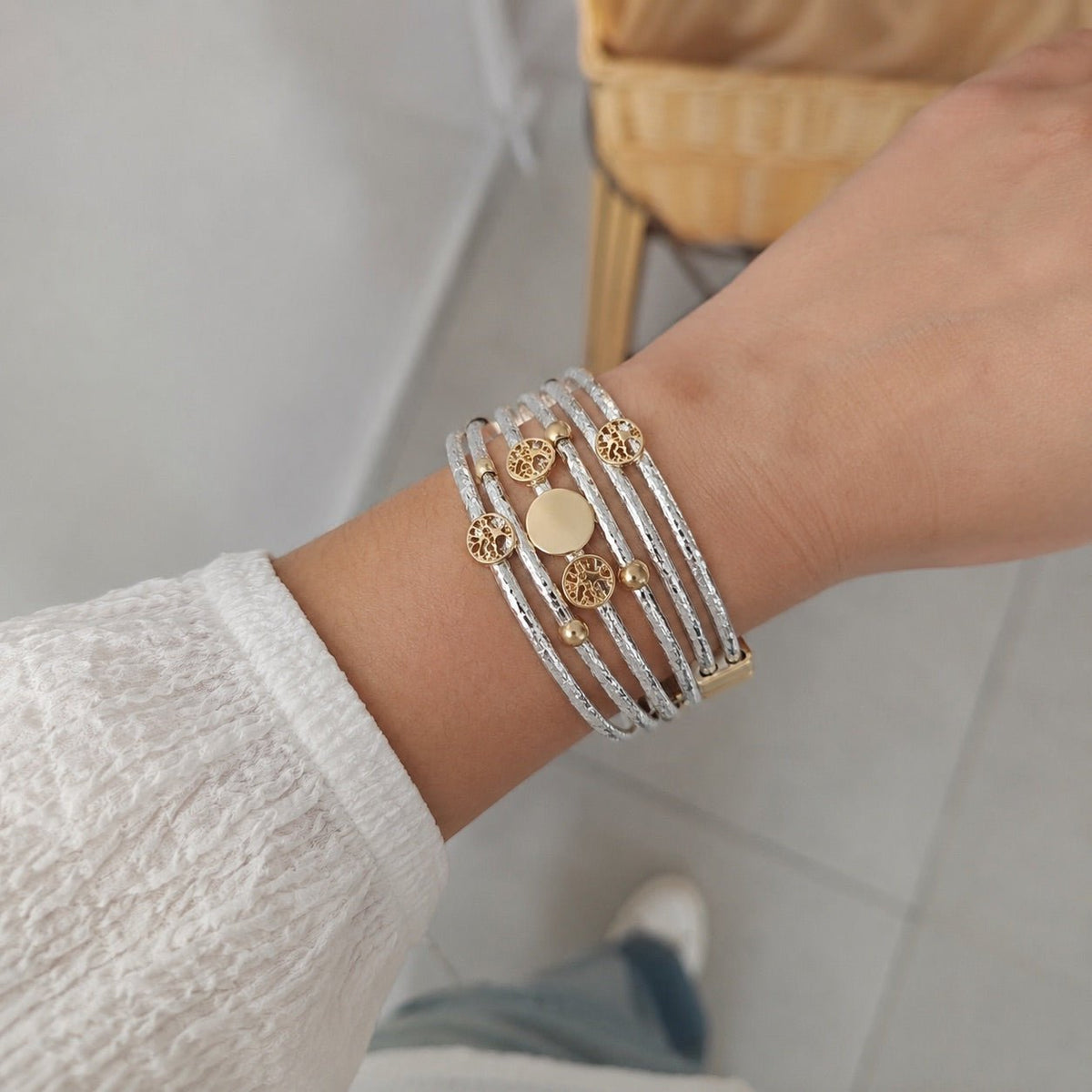 Bracelet manchette multi-rangs, cordons textures brillants, motif arbre de vie, pour femme, modele Tezie