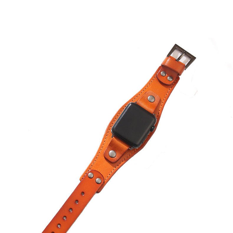Bracelet manchette en cuir orange large avec rivets métalliques pour Apple Watch, style moderne Toré.