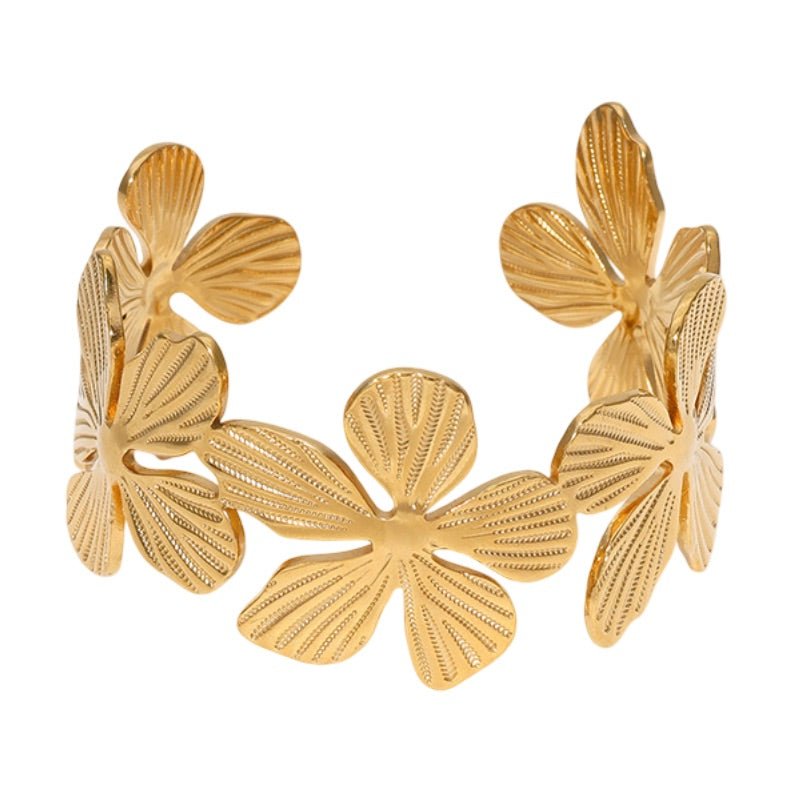 Bracelet manchette style ensoleillé, fleurs et pétales, en acier inoxydable, modèle Bina - La Boutique du Bracelet