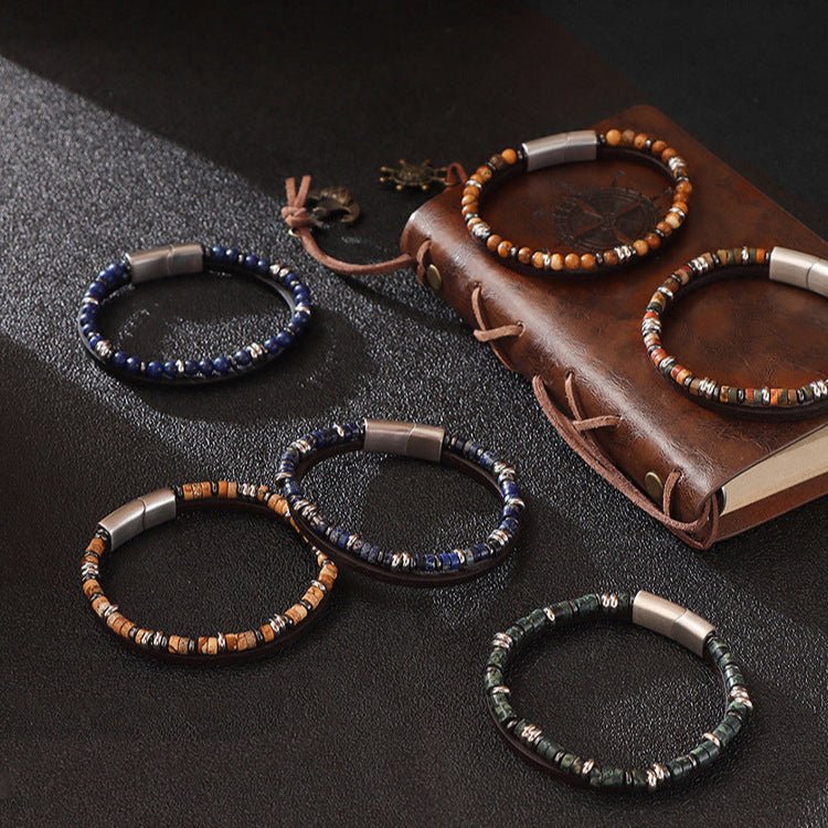 Lot de bracelets masculins en pierres naturelles multicolores avec perles en métal et fermoirs sécurisés en acier.