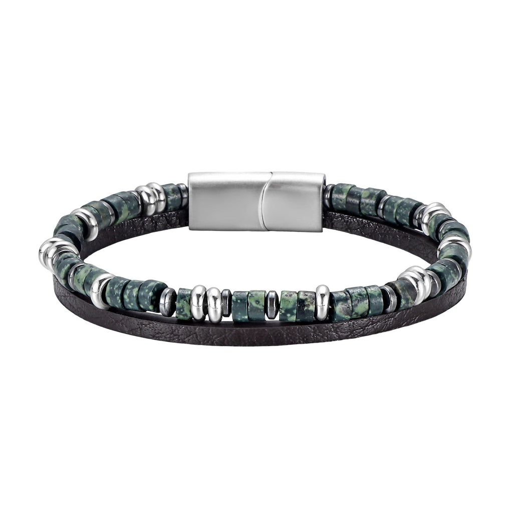 Bracelet masculin en cuir noir avec pierres naturelles vertes et détails métalliques argentés, fermoir sécurisé acier.