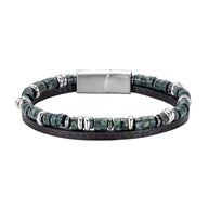 Bracelet masculin en cuir noir avec pierres naturelles vertes et détails métalliques argentés, fermoir sécurisé acier.