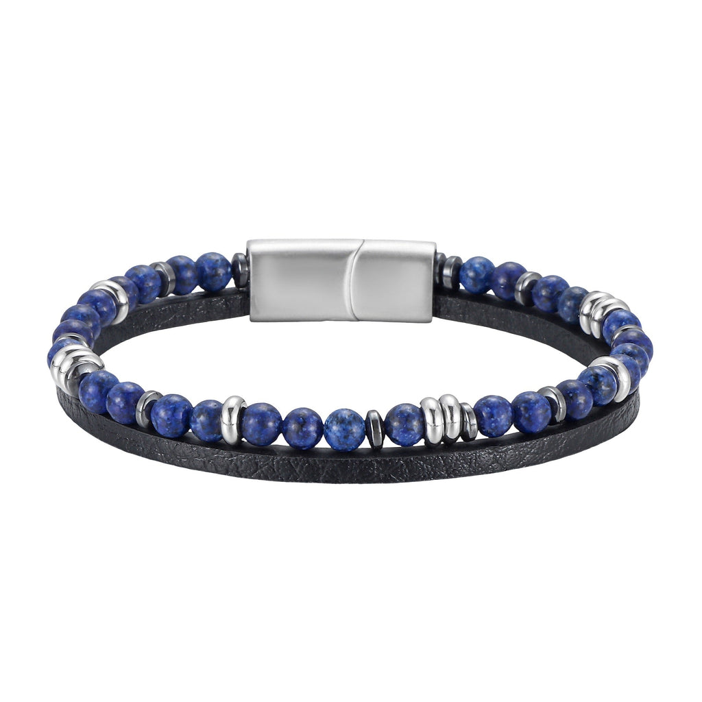Bracelet homme avec pierres bleues naturelles, cuir noir plat, perles métalliques argentées et fermoir magnétique acier.