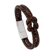 Bracelet homme en simili cuir vegan brun tressé avec nœud décoratif et fermoir magnétique acier inoxydable.