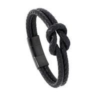 Bracelet masculin noir en simili cuir tressé avec nœud et fermoir magnétique en acier inoxydable mat.