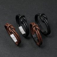 Bracelets masculin tressés en simili cuir vegan brun et noir avec fermoirs magnétiques en acier inoxydable gris et noir,.