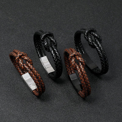 Bracelets masculin tressés en simili cuir vegan brun et noir avec fermoirs magnétiques en acier inoxydable gris et noir,.