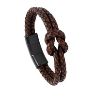 Bracelet masculin en simili cuir tressé marron avec nœud décoratif et fermoir magnétique noir en acier inoxydable.