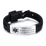 Bracelet médical noir en silicone avec plaque en acier inoxydable gravée d'informations de santé et symbole médical noir.